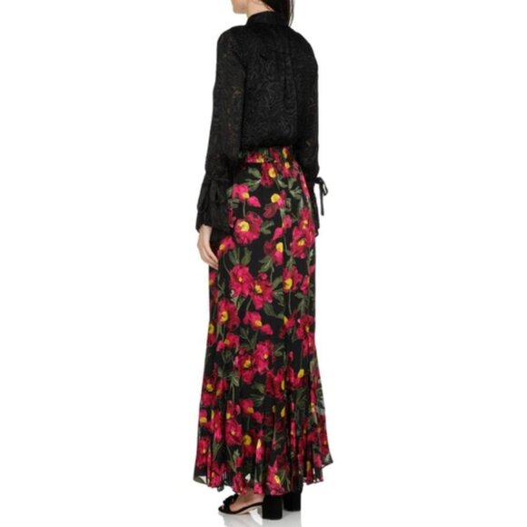 NWT Alice + Olivia Elza Godet Silk Maxi Skirt Black Pink California Poppy 0 - Picture 4 of 16
